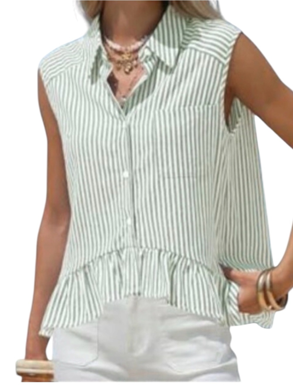Exlura Green & White Striped Cold Shoulder Ruffle Hem Blouse Small